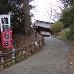 スイセンが道端に植えられている参道スロープの高画質写真です。スイセンの花がポツリと咲いています。横浜市 青葉区 J-ふるさと村で、2024年1月3日に撮影したものです。